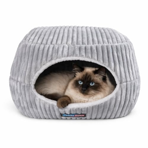 Hundebett & Hundehöhle Evia 2 in 1 – 60 × 55 cm, orthopädischer Memoryschaum, kuscheliger weicher Cord, 360° isoliert – auch als Katzenbett & Katzenhöhle geeignet | ThermoSwitch (Grau, M)