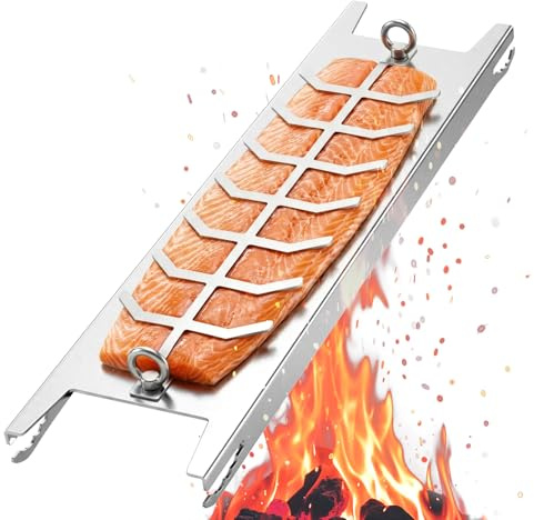 QWORK® Tabla para salmón Llama de Acero Inoxidable 304, 52 * 11.5 * 3cm Soporte para Salmon a la Llama, para brasero, Parrilla de Bola y fogata