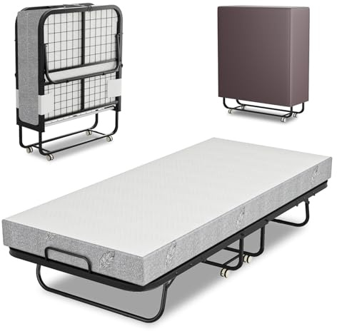 Eikuavons Fällbar säng 90 x 200 cm, vikbar gästsäng inkl. 13 cm tjock memoryskummadrass och skyddsfodral, utan konstruktion, stabil fällram, med 4 rullhjul, lastkapacitet 200 kg