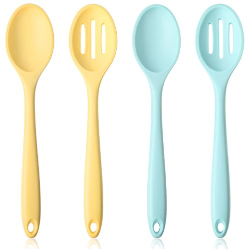 Classicseali 4 Stück Silikonlöffel mit Loch, Small Silicone Spoon | 20 X 3,6 cm Antihaft Rührlöffel, Backlöffel Silikon für Kochen, Backen, Rühren (Mehrfarbig)
