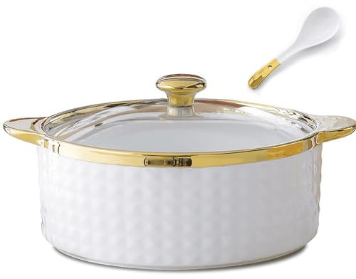 Pentola in pietra, Zuppiera con coperchio in vetro e cucchiaio, set da 2 pezzi rotondo bianco, elegante ceramica/porcellana(A)