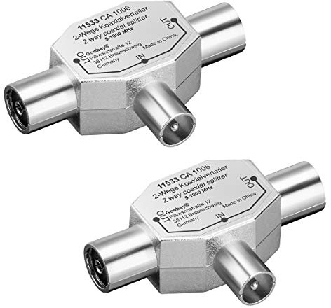 2 Stück KOAX T-Adapter TV SAT Antennen Verteiler 2-Fach Koaxial 2X Buchse - Stecker