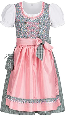 Nübler Dirndl Mädchen Nicky - 3-teiliges Set mit Dirndlkleid, Trachtenbluse & Schürze im traditionellen Stil - Original bayerische Tracht, Hochwertige Qualität, Blau-Rosa