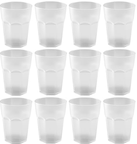Engelland - 12 x Plastikbecher, Trinkbecher, Weiß, Cocktailbecher, 400 ml, mit Eichstrich, stapelbar, Mehrweg, Kunststoff, Frostoptik, wiederverwendbar, Party-Becher, Trink-Glas