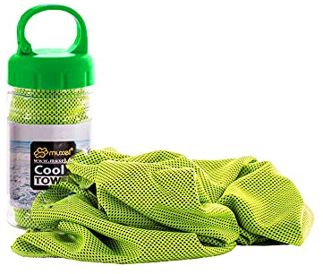 Muxel Cool Down Tuch Handtuch Kühltuch gegen Schweiß Sporthandtuch Fitnesshandtuch 2 Tücher und Flasche GRÜN