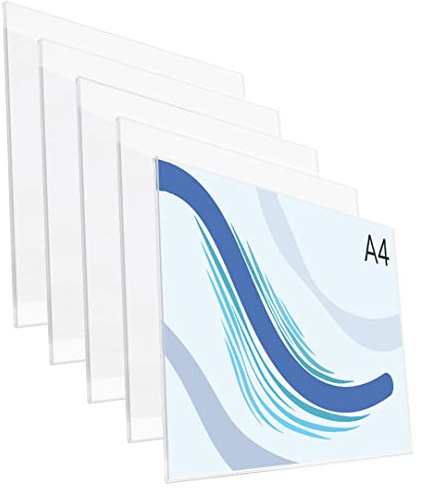 Danieli Store - Soporte de Pared de Metacrilato A4 Horizontal para Carteles. Expositor con Adhesivo Doble Cara para Pared y Cristal. Soporte de Acrílico Transparente para Avisos (5 unidades)