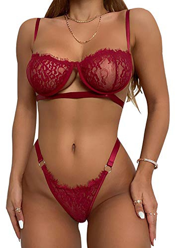 heekpek Donna Completo Intimo Hot Babydoll Sexy Lingerie Aperto 2 Pezzi Soft Reggiseno Pizzo con Ferretto e Perizoma (Vino Rosso, S)