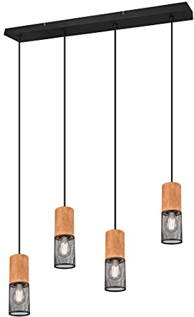 Trio Leuchten Pendelleuchte Tosh 304300432, Metall Schwarz matt, Holz, exkl. 4x E27, Holzfarbig