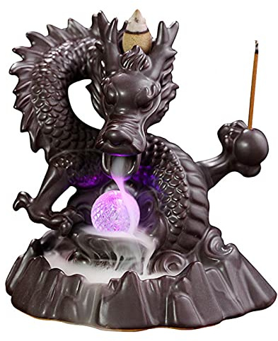 Tyenaza LED Glücksdrachen-Räucherstäbchenhalter, Keramik, Drachenförmig, Lila, Räucherstäbchenhalter