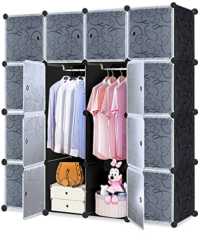 LZQ Armadio multiuso, sistema di scaffalatura fai da te, in plastica, per camera da letto, con porta, con 16 cubi