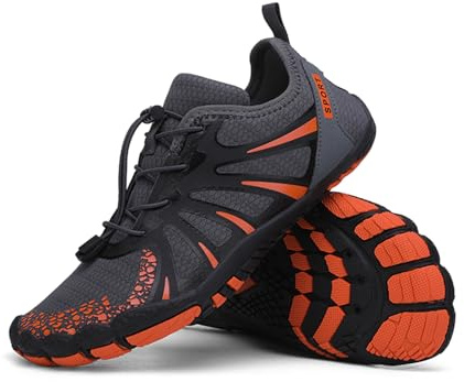 Surwin Water Shoes Mens Womens, Barefoot Aqua Shoes Quick Drying Lightweight Beach Shoes for Swimming, Surfing, Diving, Snorkeling, Boating, Outdoor Water Sports, 6-10.5UK Grey Orange