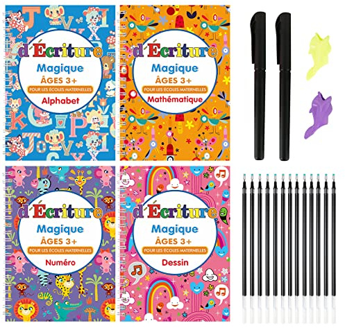 Larcenciel Grand Cahier Ecriture Magique Francais, 4 Livre Calligraphie Enfant Reutilisable avec 2 Stylos 13 Recharges 2 Grip, Cahier De Vacances Maternelle CP Vers CE1, Apprendre à Écrire Lire Dessin