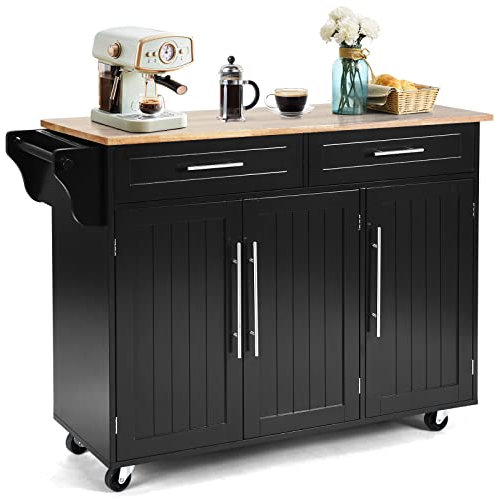 COSTWAY Küchenwagen auf Rollen, Servierwagen Küche, Küchentrolley mit Schubladen, Beistellwagen Kücheninsel Buffetschrank Holz, Küchenschrank mit Arbeitsplatte (Schwarz)