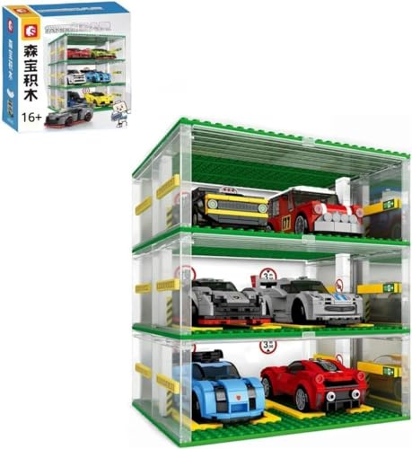 APRILA Garage für Speed Champions Autos, DIY Transparentes Parkhaus Modellauto Bausatz, DIY Vitrine 3-Schicht Carport Kompatibel mit Bausteine Sportwagen(Ohne Autos) (1Pcs)