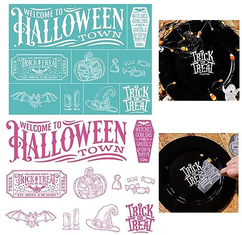 Siebdruck-Schablone mit Halloween-Motiven, wiederverwendbar, selbstklebend, Siebdruck, für Dekor/Druck auf Holz/Stoff/Wand/Tasse/Teller/Glas/Papier, Weihnachtsdekoration für Zuhause (21,6 x 27,9 cm)
