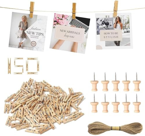Jogoico 150 Pezzi Mollettine Legno Piccole 2,5 cm, Mini Mollette da Bucato in Legno Decorative per Foto con 10 Pioli e Corda di iuta per Cartoline, Matrimonio, Festa, Scrapbooking DIY, Natale