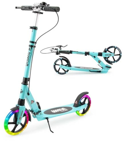 TENBOOM Scooter for Kids Ages 8-12 and Adult, LED Light Wheels Scooter for Kids, Fast Folding Hand Brake Adult Kick Scooters with Bike Bell, Height Adjustable City Scooter,Up to 100 kg, Blue