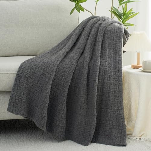 GINAMUSE Graue, ultraweiche Strickdecke für Couch, 152,4 x 203,2 cm, Mikrofaser, flauschig, gemütlich, warm, Strickdecken mit Karomuster für Sofa, Bett
