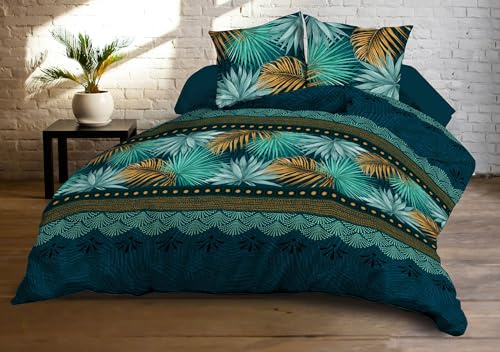 Le Linge de Jules Parure Drap Plat + Drap-Housse 140x190 + 2 Taies - Microfibre Douce et résistante - Entretien Facile - Paraiso, Bleu