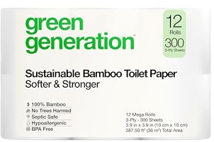 Green Generation Bamboo Toilet Paper -12 Roll, 3-Ply, 300 Sheets/Roll - Non Toxic Toilet Paper Organic Septic Safe - BPA Free Sustainable, Soft, FSC Certified - Home, Boat & RV Use
