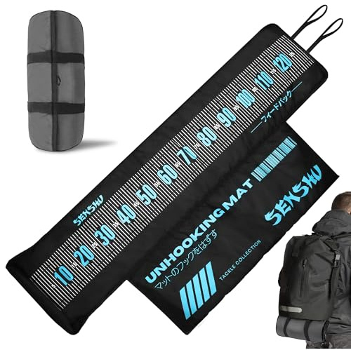 Senshu Abhakmatte mit Maßband, 130x30cm, Schwarz-Türkis | XXL Messmatte, Fischschutz-Matte mit Kniepolster, Rollbar & Ultraleicht, Schonend für Schleimhaut