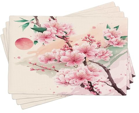 Lot de 4 sets de table rectangulaires en lin rose clair à l'aquarelle, motif fleurs de cerisier japonais, faciles à nettoyer, pour camping, maison, fête, table