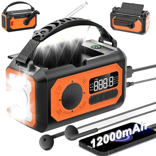irjeen 12000mAh Emergency Radio, Portable Weather Alert Radio AM/FM/NOAA, Hand Crank with Flashlight, Reading Lamp, SOS Alarm, USB Charger, for Home & Outdoor Emergency (Orange)