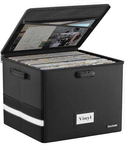 DocSafe Feuerfest Schallplatten Aufbewahrungsbox Vinyl Schallplattenkoffer mit Schloss Plattenkoffer zur 150 Schallplatten,Zusammenklappbare Aufbewahrungskiste für die Aufbewahrung Wertvoller Alben