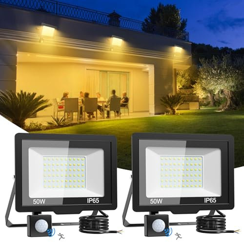 vighep Led Strahler mit Bewegungsmelder Auße, 50W Wasserdicht Lampe Aussen, 230V 5000LM Warmweiß Fluter Licht für Garten Terrasse Wand Garage Vorhof Innenhöfe -2 Stück