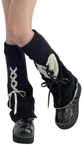 WODECASA Kawaii-Beinstulpen für Mädchen, gestrickt, ausgestellte Beinärmel, Gothic, gehäkelt, Baggy Manschette, Knöchelsocken, Schnürschuh – Schwarz + Weiß, Einheitsgröße