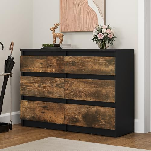 YITAHOME Chest of Drawers Bedroom, Bedroom Furniture, Chest of Drawers Wood, 6 Drawer with Runners, Bedroom Storage Unit, Modern Bedroom Bedside Storage Cabinet, 100 * 30 * 70cm (Black Rustic Brown)