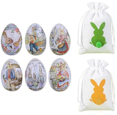CLDURHGE 6 pcs Tarro de Dulces de Huevos de Pascual,Huevos de Pascua de Primera Clase en Caja Metálica - Decoraciones Reutilizables y Duraderas de Pascua - Coloridos y Adorables Diseños de Conejitos