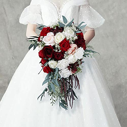 Hochzeitsstrauß, Brautstrauß, künstlicher Blumenstrauß für Hochzeitszeremonie, Jahrestag, Party, Abschlussball, Heimkehr (weiß + weinrot)