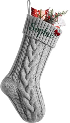 Weihnachtsstrumpf Personalisiert Name Nikolausstiefel, Nikolausstrumpf 18”große gestrickte Christmas Stockings hängende Weihnachtsstrümpfe Party Feiertags Weihnachten,Grau