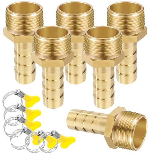 Messing Rohr Adapter, 6 Stück 12 mm Widerhaken x 1/2 Zoll Außengewinde Rohrverbinder aus Messing mit Gewinde, Schlauchtülle Verschraubung mit Klemmen für Wasser, Gas, Luft