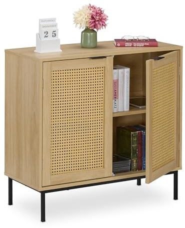 Relaxdays Sideboard, 2 Rattan-Türen, HxBxT: 76x80x35 cm, Natur/schwarz | Kommode