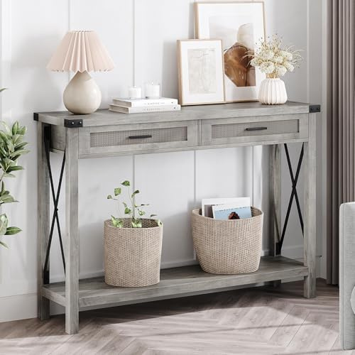 Salutmeuble Table Console, Console Meuble Entree avec 2 Tiroir 110X 30x78CM,Table d'entrée en Rotin avec Forme de X sur Les Côtés pour l'entrée, Le Salon, Le Couloir (Gris)