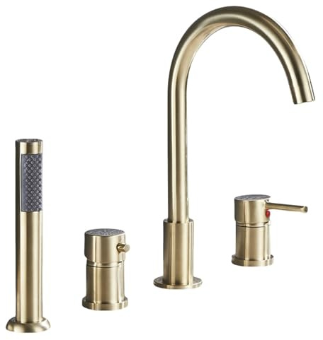 Duscharmatur Gold Gebürstet 4 Loch Wannenarmatur Einhebelmischer Badewanne Wasserhahn Schwanenhals Badewannenarmaturen Set