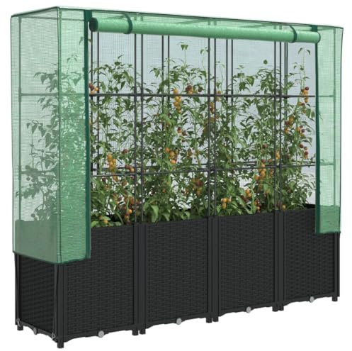 Homgoday Hochbeet mit Gewächshaus-Aufsatz Blumenkasten Blumenkübel Gartenbeet Pflanzbeet Gemüsebeet Frühbeet Pflanzkübel Pflanzkasten Blumenbeet Rattan-Optik 160x40x153 cm Schwarz
