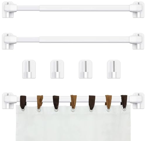 2 PCS Extendable Curtain Rods, 30-50cm Adjustable Curtains Poles with 4 Pcs Plastic Sticky End Window Hook for Home Bathroom, Windows, Bookshelf, Wardrobe, Cupboard(White)