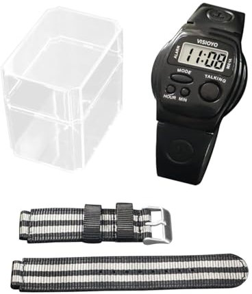Orologio parlante in spagnolo per non vedenti - con voce chiara per non veggenti e adulti più anziani | dice automaticamente l'ora e allarme | Include cinturino in nylon resistente