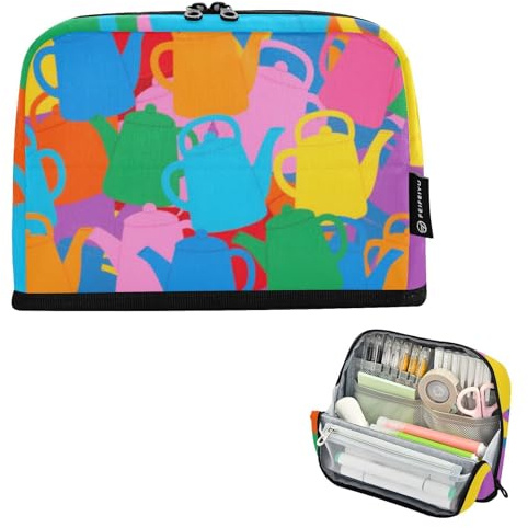 EtherSpher Pochettes colorées en forme de théière mignonne de dessin animé - Grande capacité - Sac de rangement vertical multi-fentes pour adolescents et garçons - Fournitures scolaires utiles pour