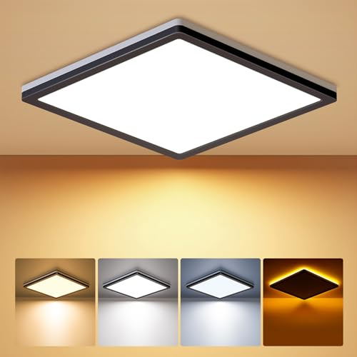 BLNAN Deckenlampe LED Deckenleuchte Flach 24W, 2000K Nachtlicht, 2400LM Warm Neutral Kalt Weiß 3000K/ 4000K/ 5000K, Panel Lampe für Schlafzimmer Wohnzimmer Flur Küche Bad, 30CM Schwarz Eckig