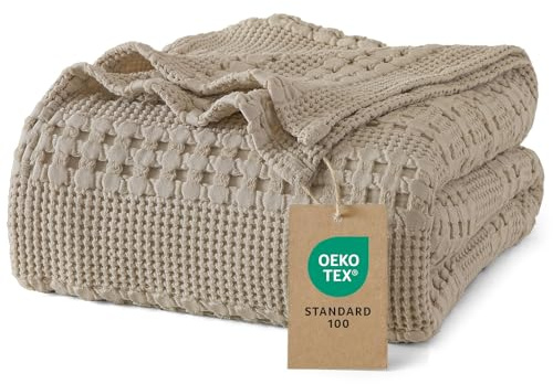 PHF 100% Baumwolle Waffledecke Kuscheldecke 220x240cm, Oeko-TEX® Zertifiziert - Hotelwäschequalität - Ideal für Sofa Couch Bett, leicht & atmungsaktiv, Taube (Simply Taupe)