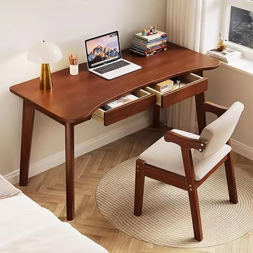 Escritorio de computadora de Madera Maciza con cajones, Escritorio Moderno para Oficina en casa, Mesa de Estudio con Tablero Curvo de Madera (99 cm, Nogal)