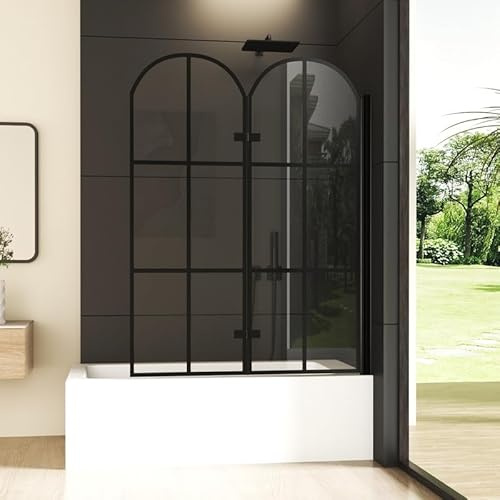Goezes Duschwand für Badewanne 120x140cm 2-teilig Faltbar Badewannenfaltwand, Gewölbter Schwarz Duschtrennwand Badewannenaufsatz, Badewannen Duschabtrennung aus 6mm ESG Sicherheitsglas