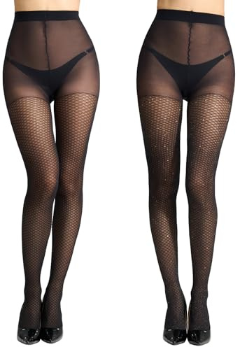 Yilanmy Faux Fishnet Tights Women Black High Waist Lurex Tights Sparkly Fishnets Stockings Mesh Glitter Pantyhose 2 Pairs (2 Pairs Black+Black(Silver),L-XL)