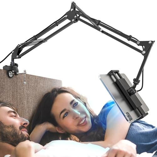 Tablethalterungen für Bett mit Lampe, Tablet Halterung Bett, Tablethalterung, Tablet-Ständer, Universeller Tablet-Halter 360 Grad Drehung für iPad/iPhone17 4.5~13.5 Zoll (Schwarz. (Kopfbrett))