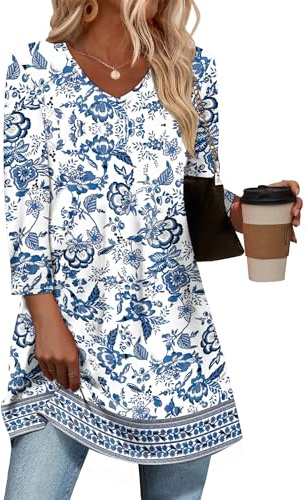 OFEEFAN Long Shirts For Women For Leggings Teacher Outfits Floral 02 S | Fall tunic with 3/4 sleeves—flattering fit, hides belly, and never see-through!