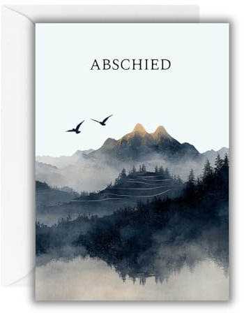 WBdesignz Trauerkarte „Abschied“ mit weißem Umschlag – hochwertige Beileidskarte mit Bergmotiv & fliegenden Vögeln – Beerdigung – Kondolenzkarte – Anteilnahme. einfühlsame Worte & Erinnerung (DIN A6)